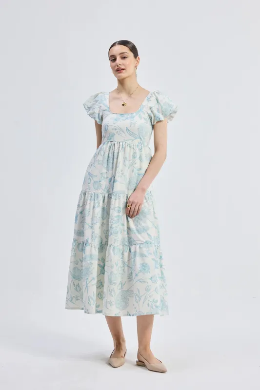 Puff Sleeve Tiered Maxi Dress in Blue Florals sold by Reistor