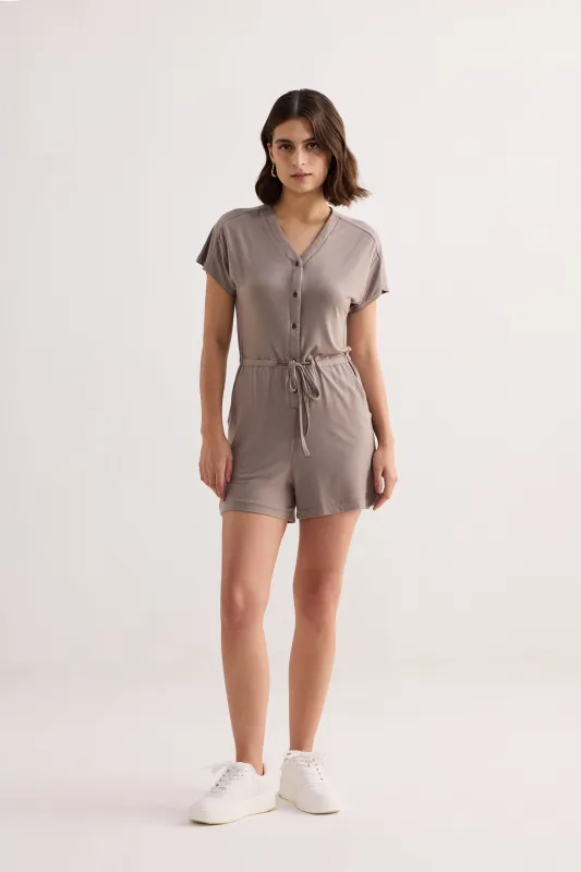 V-neck Drawstring Knit Romper in Dusty Brown sold by Reistor
