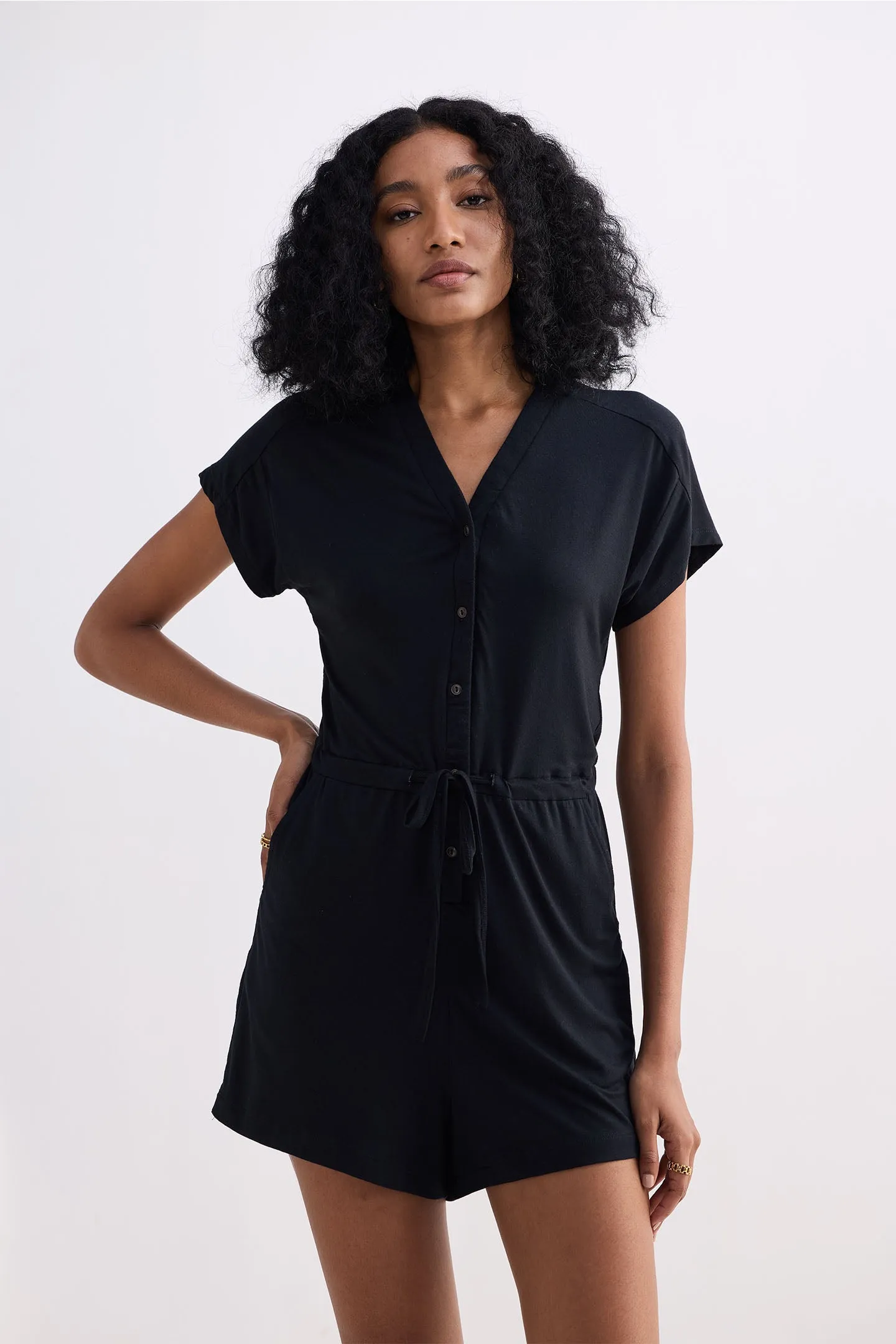 V neck Drawstring Knit Romper in Black sold by Reistor product image thumbnail 5