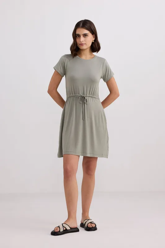 Drawstring Short T-shirt Dress in Light Olive sold by Reistor