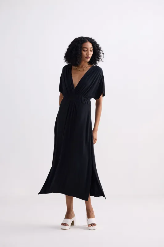 Flowy A-Line Maxi Dress with Side Slits in Black sold by Reistor