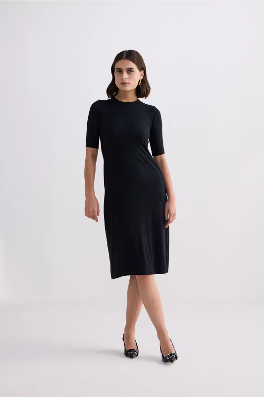 High Crew Neck Elbow Sleeves Fitted Dress in Black sold by Reistor