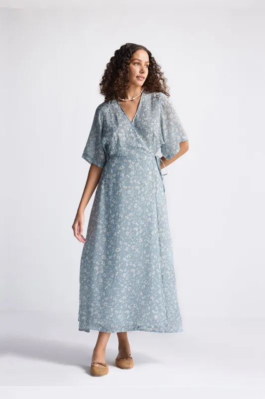 Maxi Wrap Dress in Light Blue Florals sold by Reistor