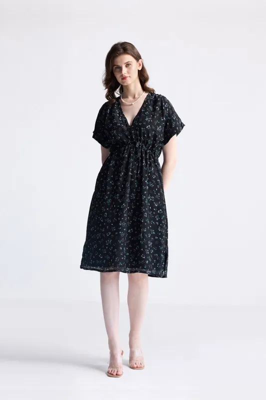 Gathered Knee-length Dress in Dark Blue Florals sold by Reistor
