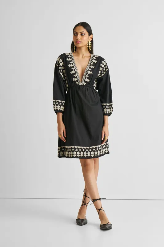 Deep V Embroidered Dress in Black sold by Reistor