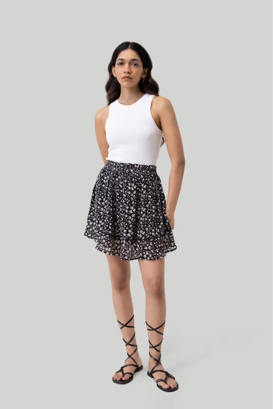Drawstring Short Skirt in Black Floral sold by Reistor