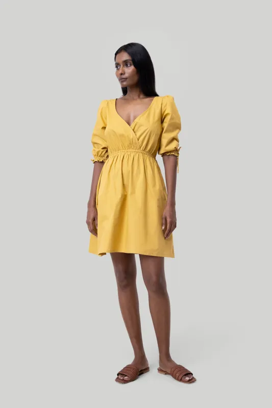 Gathered Elbow Sleeve Short Dress in Mustard sold by Reistor