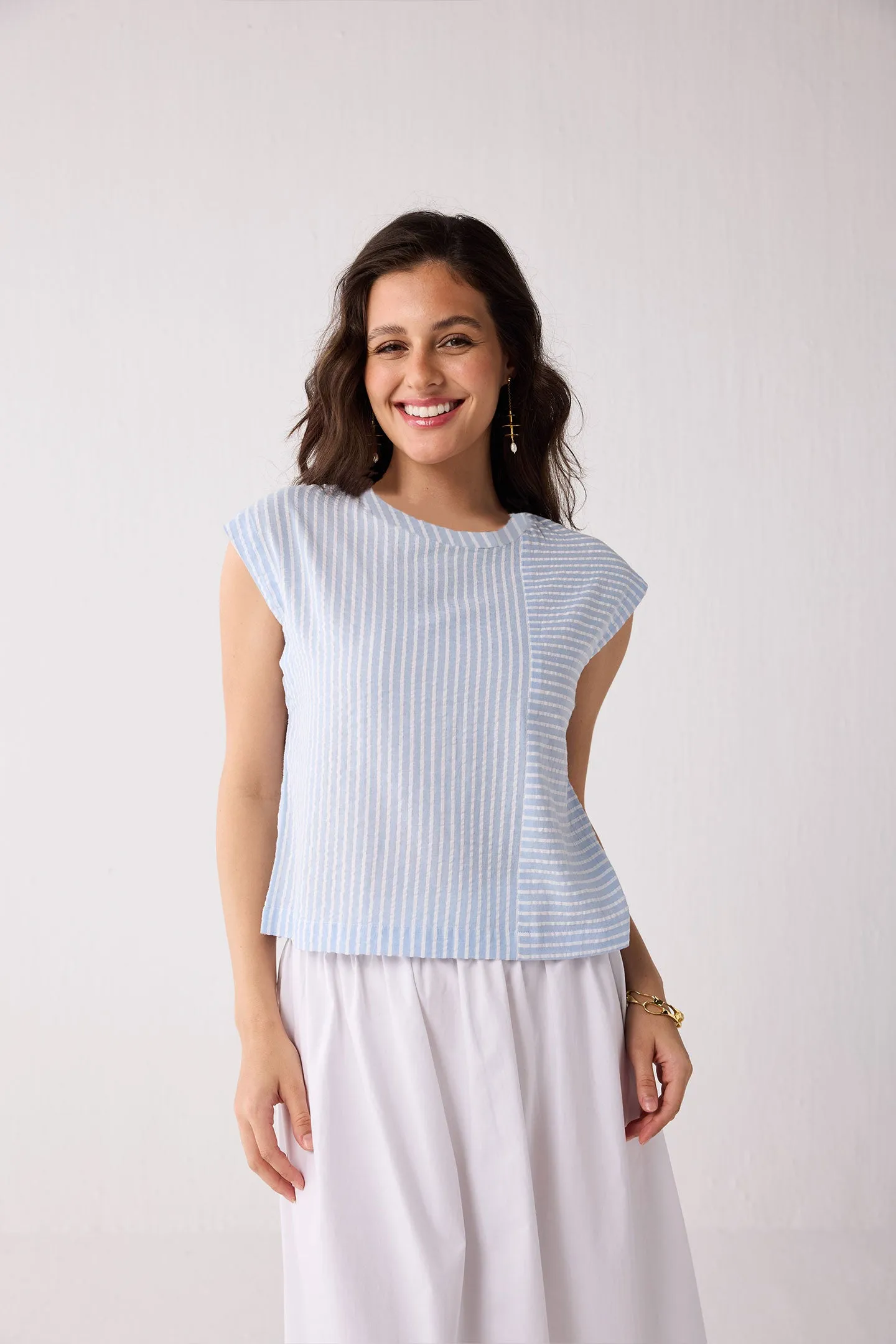 Button-Back Crew Neck Top in Blue Stripes sold by Reistor