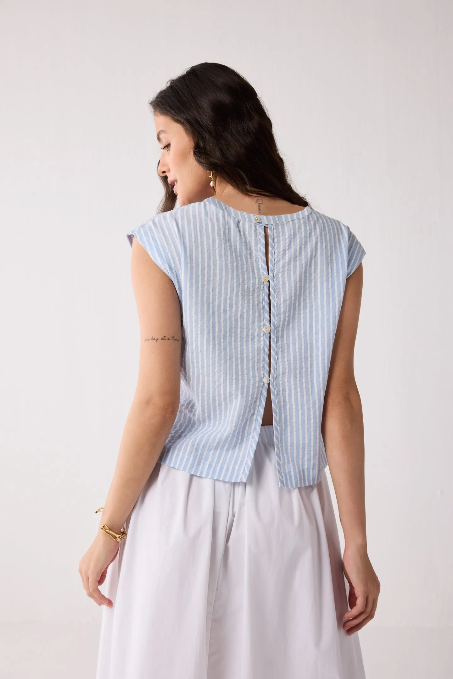 Button-Back Crew Neck Top in Blue Stripes sold by Reistor product image thumbnail 2
