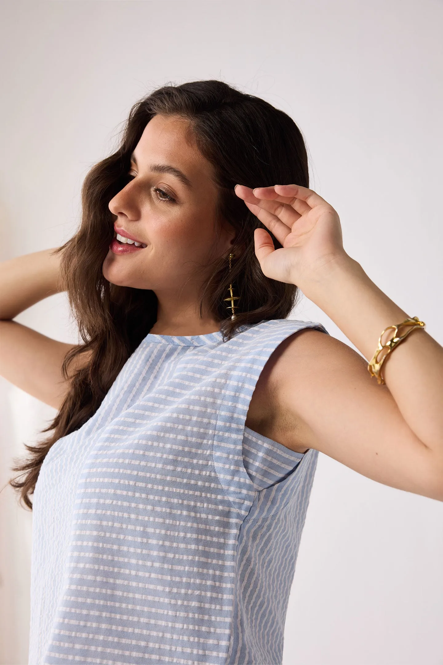 Button-Back Crew Neck Top in Blue Stripes sold by Reistor product image thumbnail 5