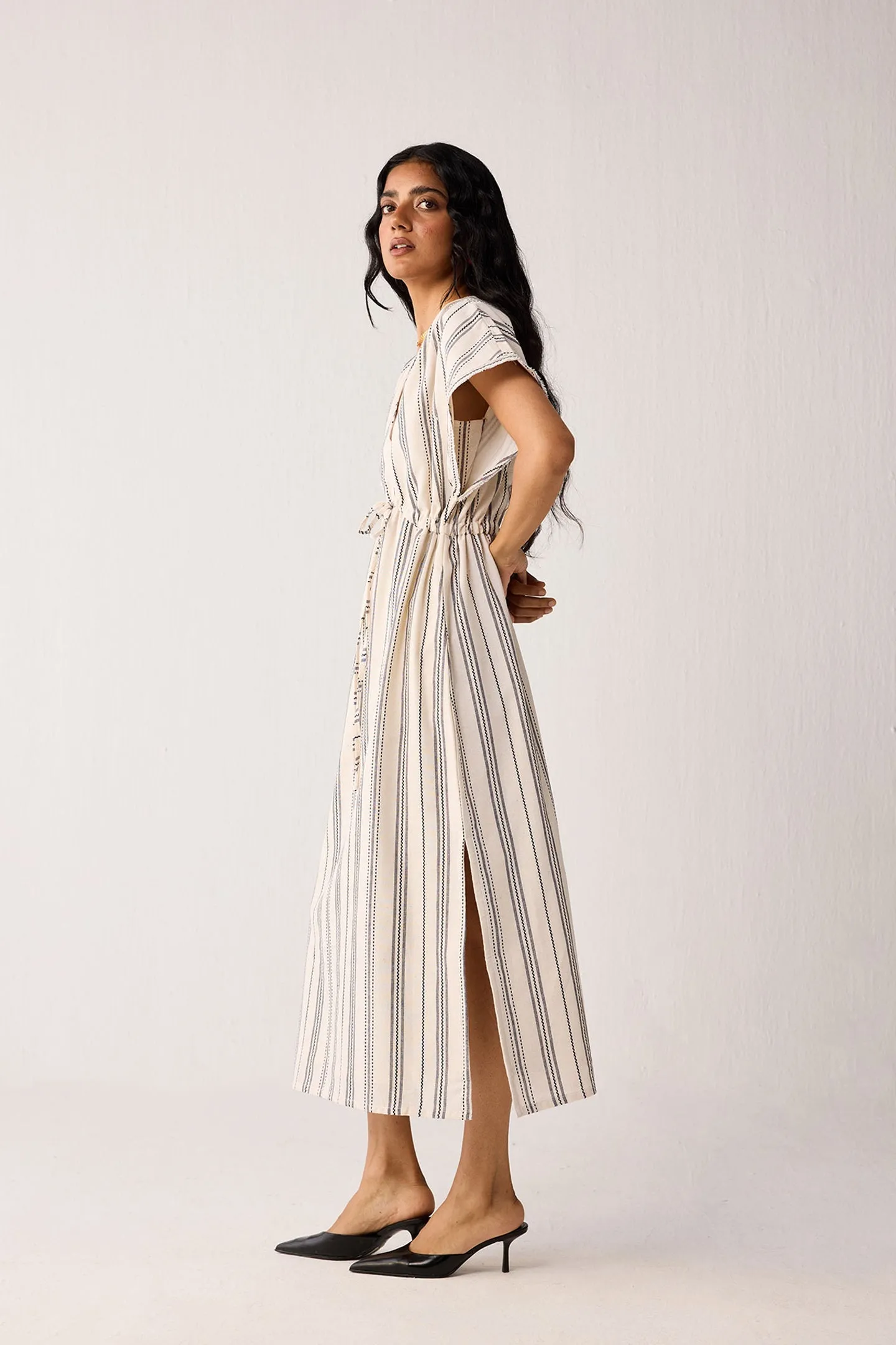 Maxi Gathered Dress with Side Slits in Stripes sold by Reistor product image thumbnail 3