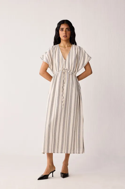 Maxi Gathered Dress with Side Slits in Stripes sold by Reistor