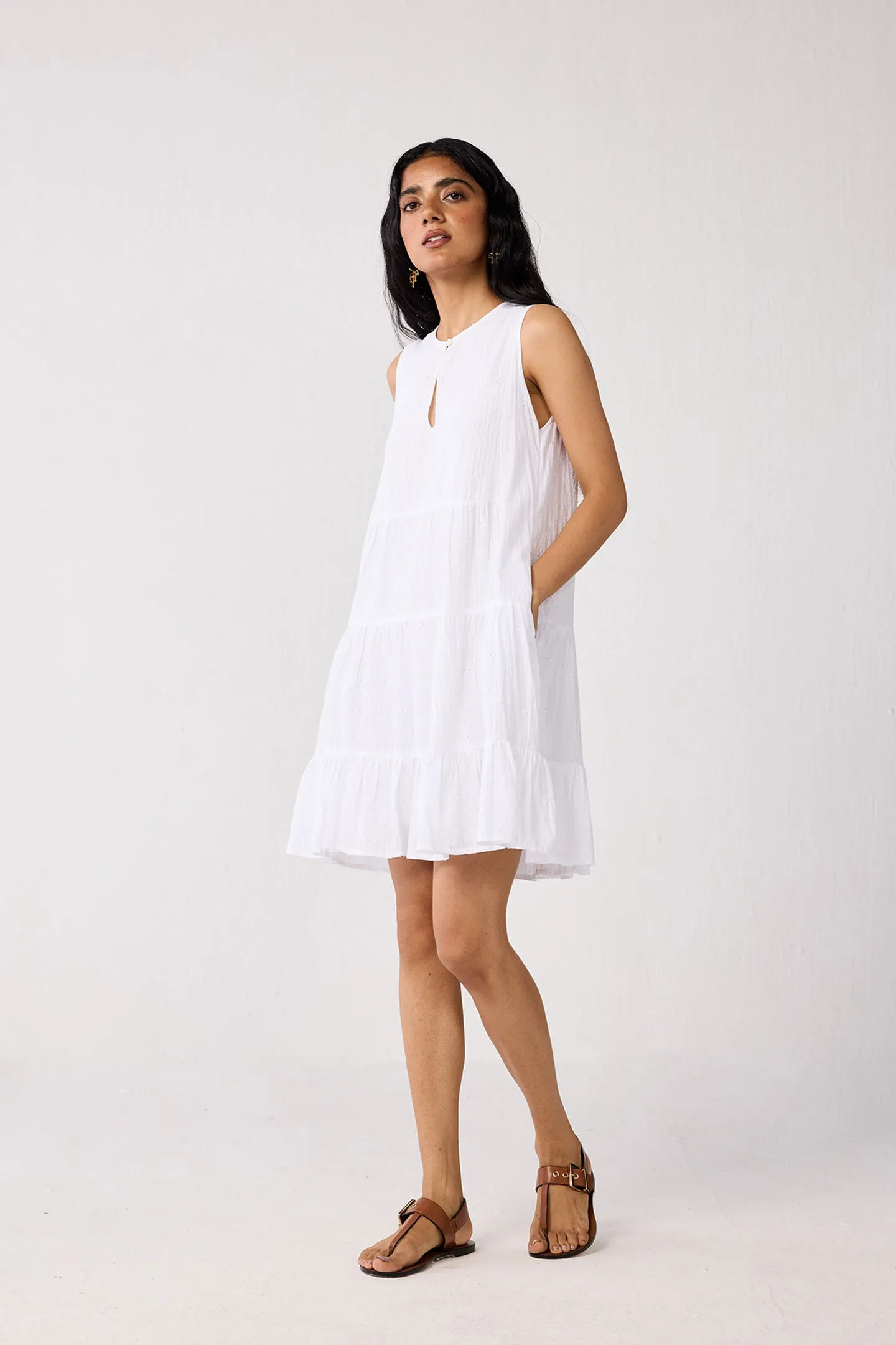 Embroidered Everyday Sleeveless Short Tiered Dress in White sold by Reistor product image thumbnail 3