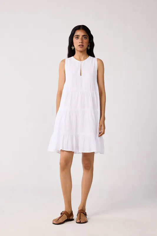 Embroidered Everyday Sleeveless Short Tiered Dress in White sold by Reistor