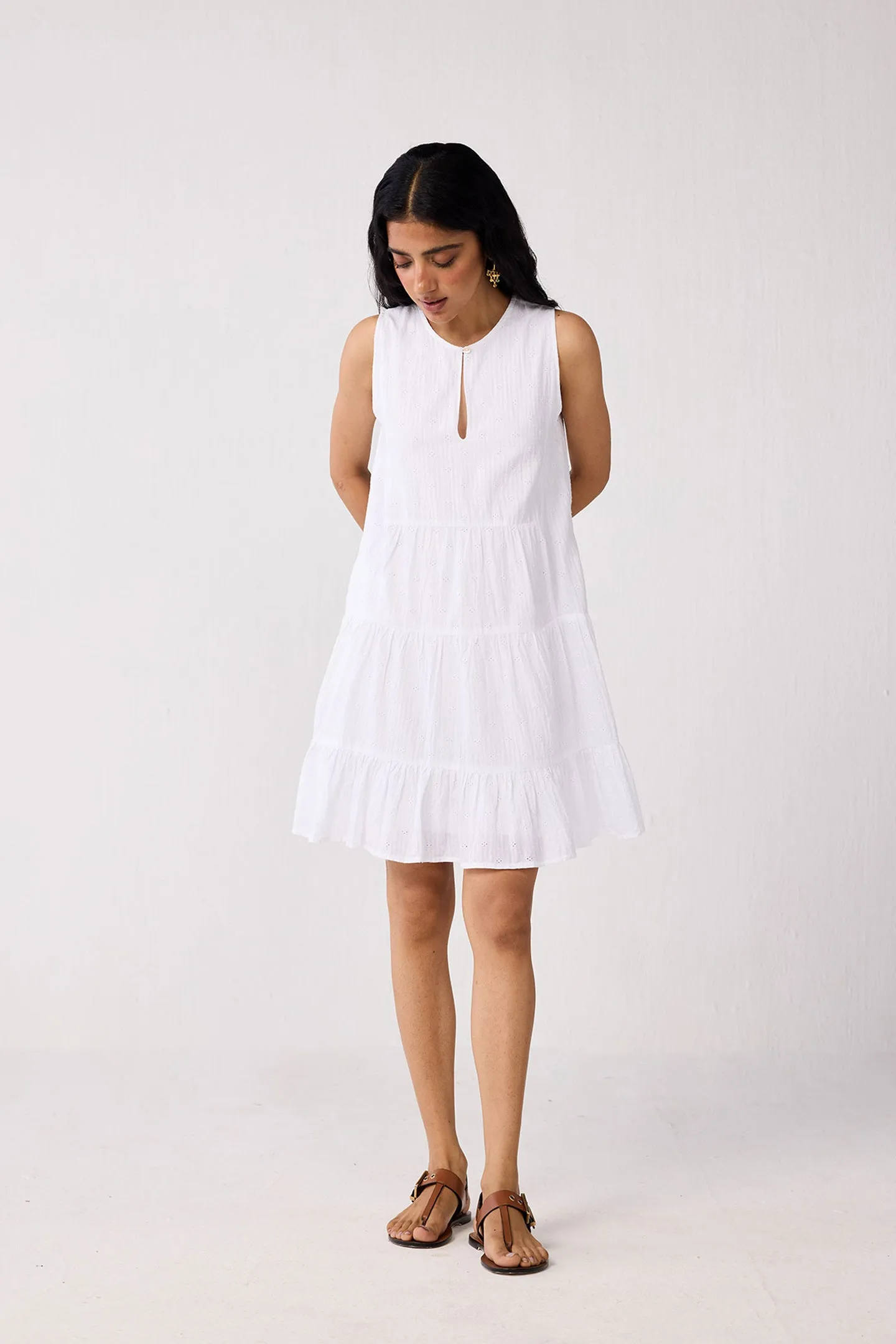 Embroidered Everyday Sleeveless Short Tiered Dress in White sold by Reistor product image thumbnail 5