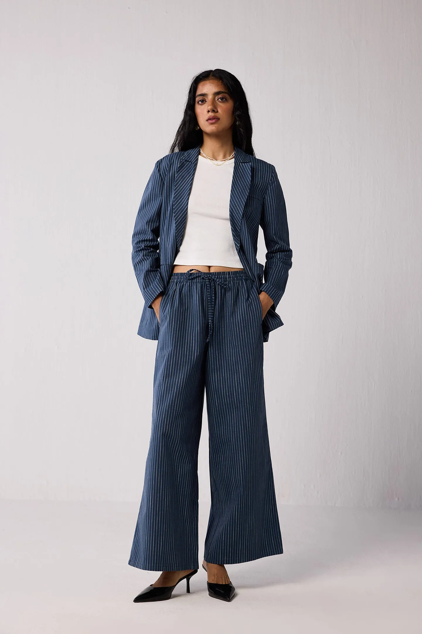 Weekday Blazer and Wide-leg Drawstring Pants Set in Blue Stripes sold by Reistor