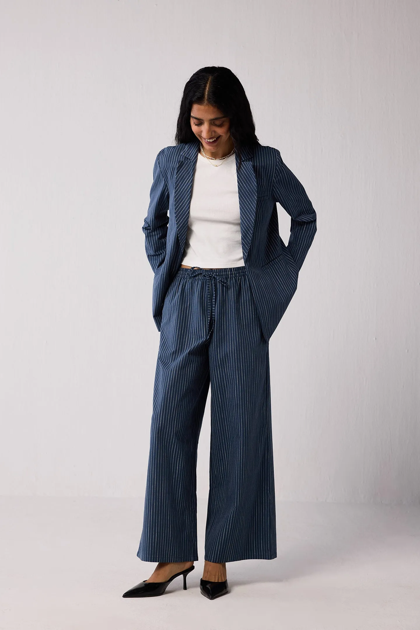 Weekday Blazer and Wide-leg Drawstring Pants Set in Blue Stripes sold by Reistor product image thumbnail 5