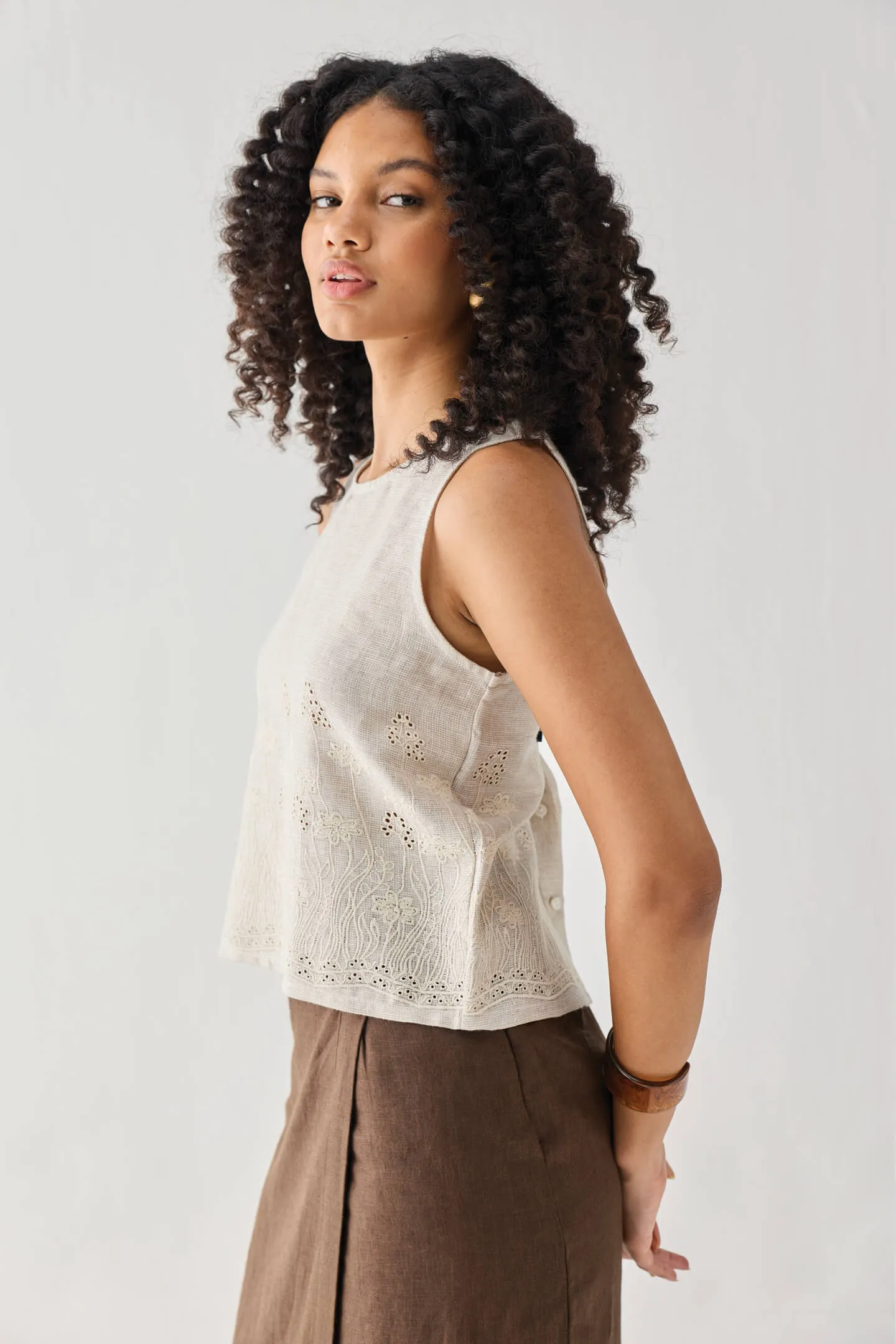 The Embroidered Button Back Top in Checkered Linen sold by Reistor product image thumbnail 4