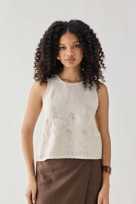 The Embroidered Button Back Top in Checkered Linen made by Reistor