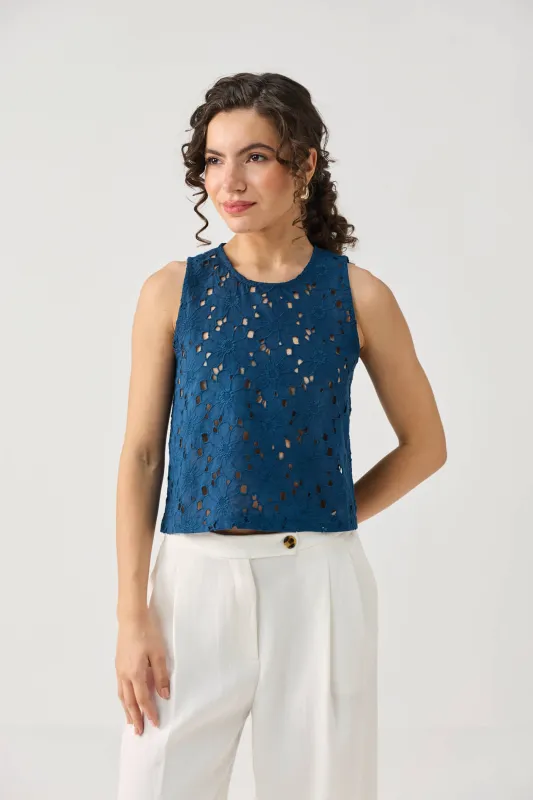 The Embroidered Button Back Top in Blue made by Reistor