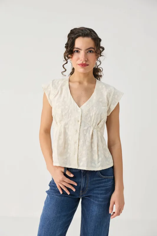 Embroidered Deep V Neck Top in Cream made by Reistor