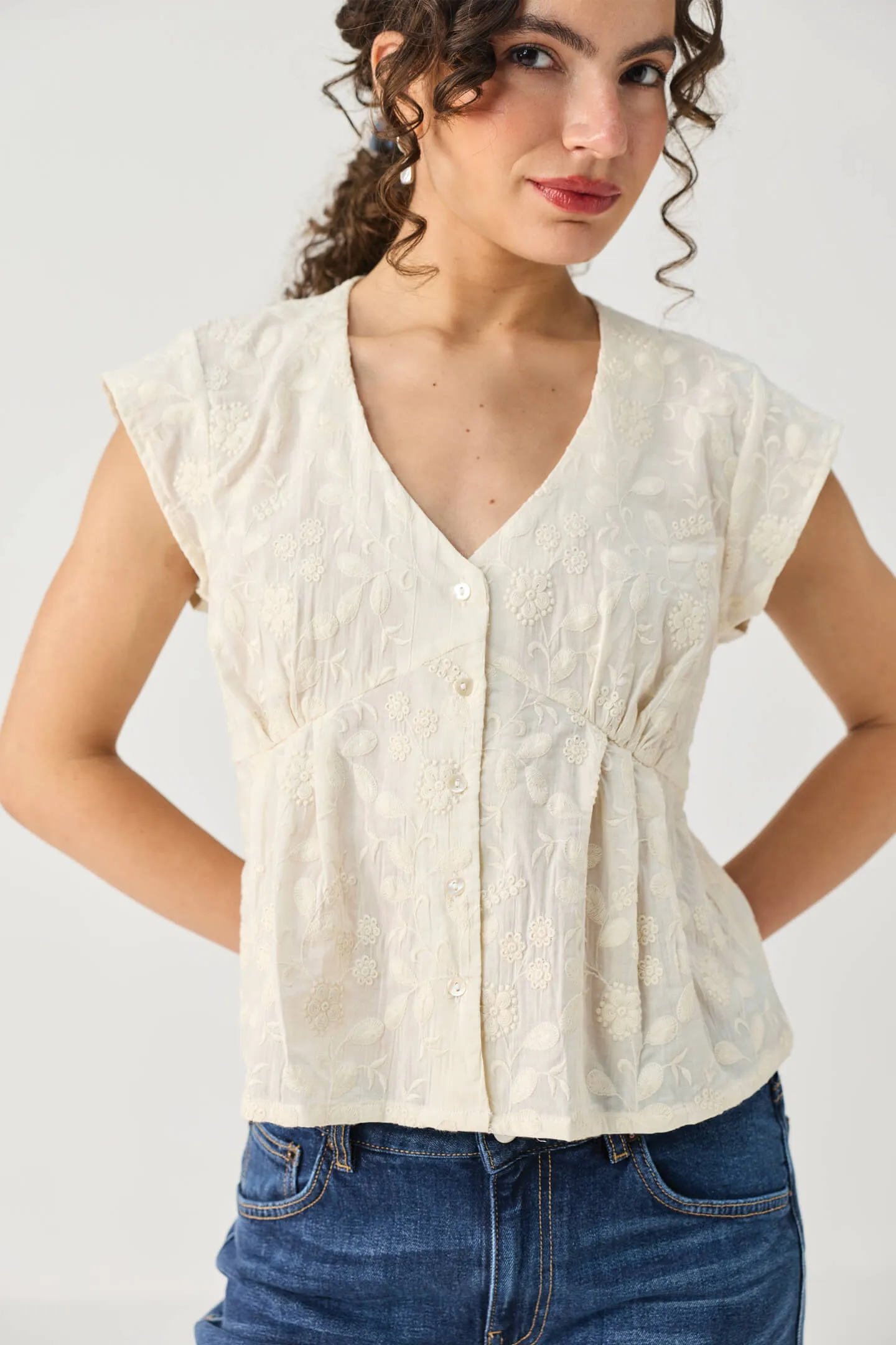 Embroidered Deep V Neck Top in Cream sold by Reistor product image thumbnail 5