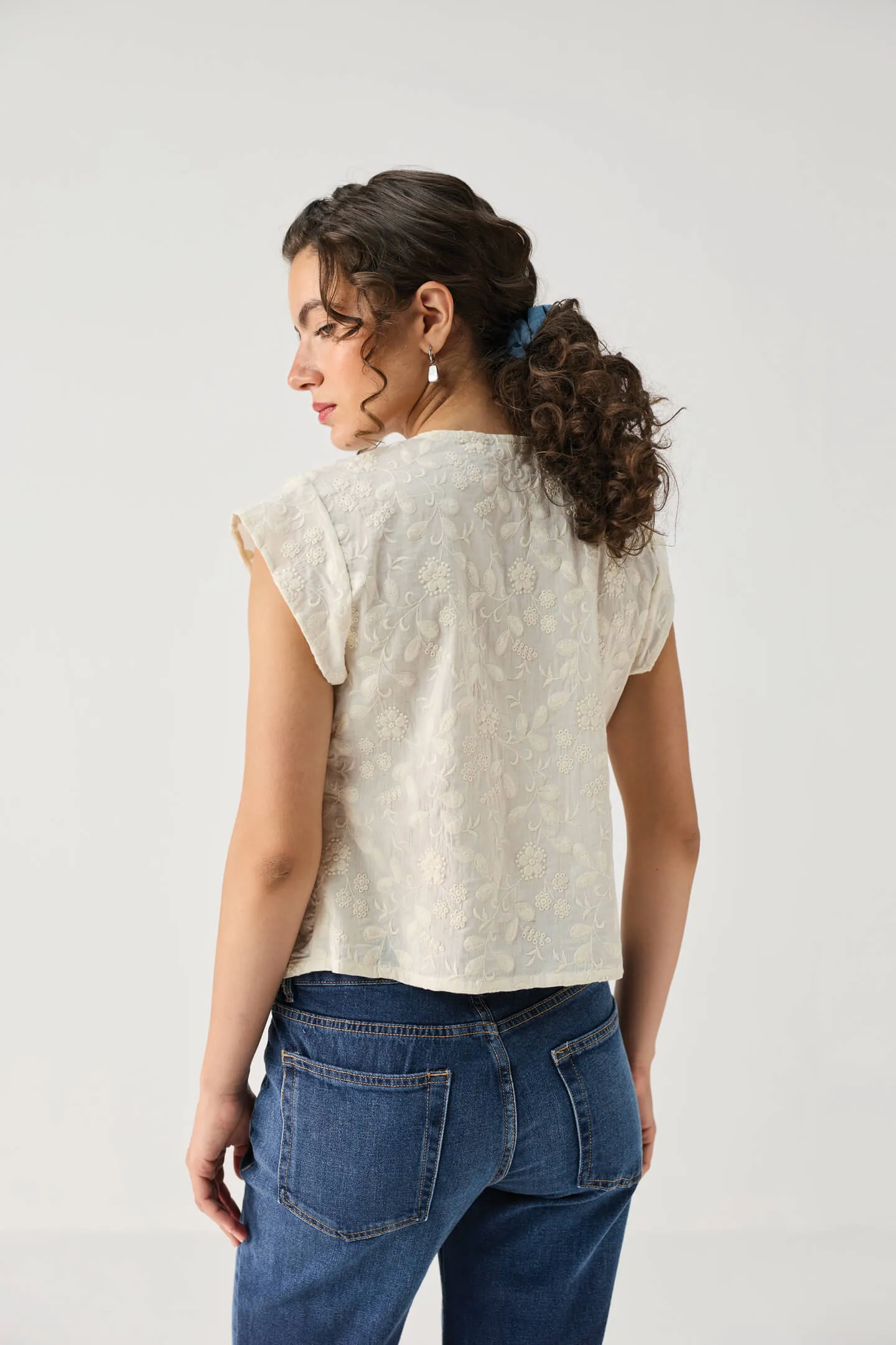Embroidered Deep V Neck Top in Cream sold by Reistor product image thumbnail 2
