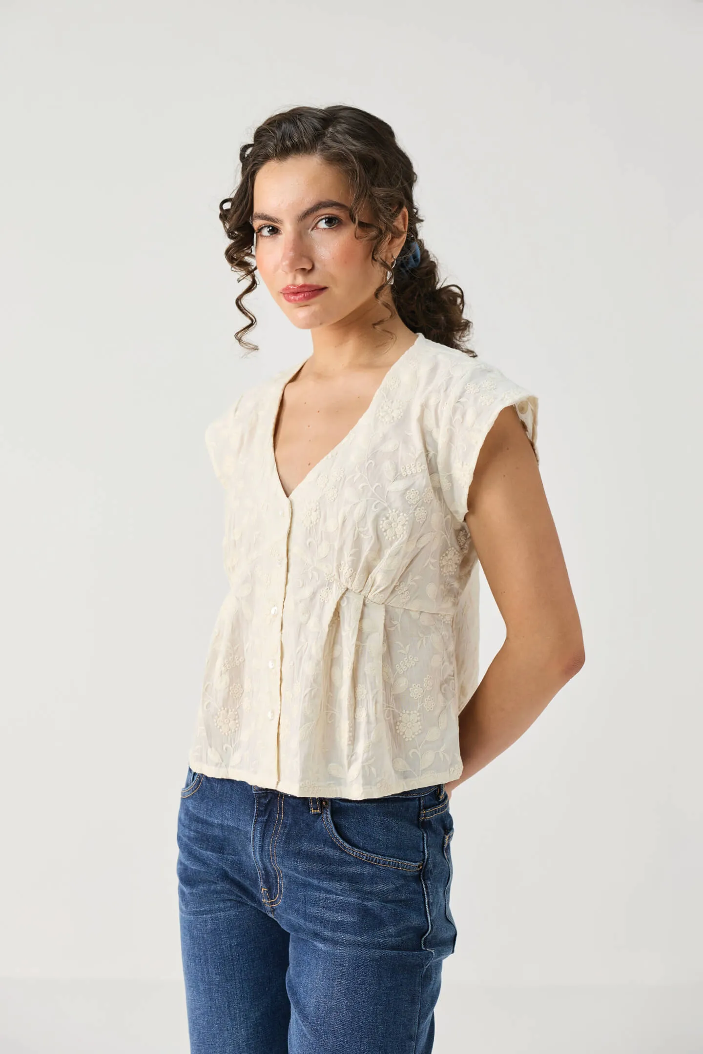 Embroidered Deep V Neck Top in Cream sold by Reistor product image thumbnail 3