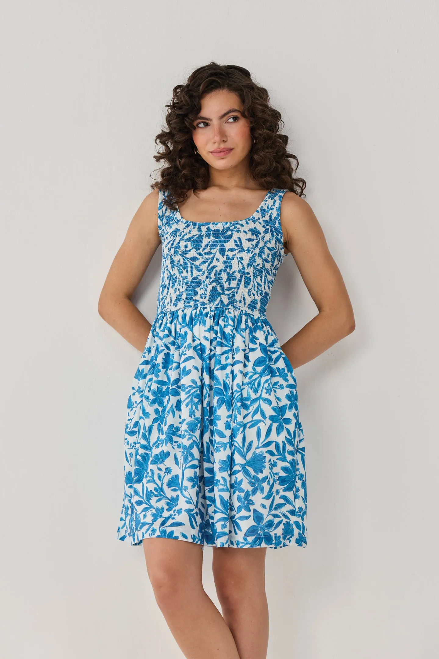 Smocked Short Dress in Blue Florals sold by Reistor product image thumbnail 4