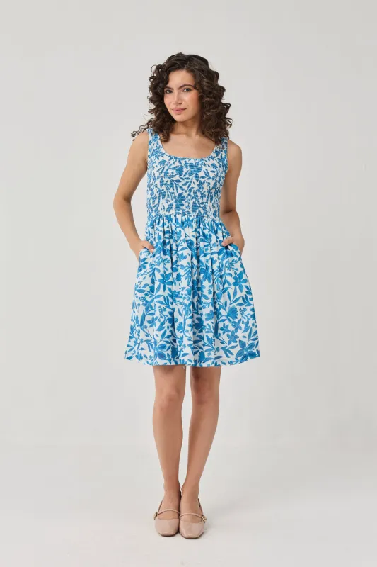 Smocked Short Dress in Blue Florals made by Reistor