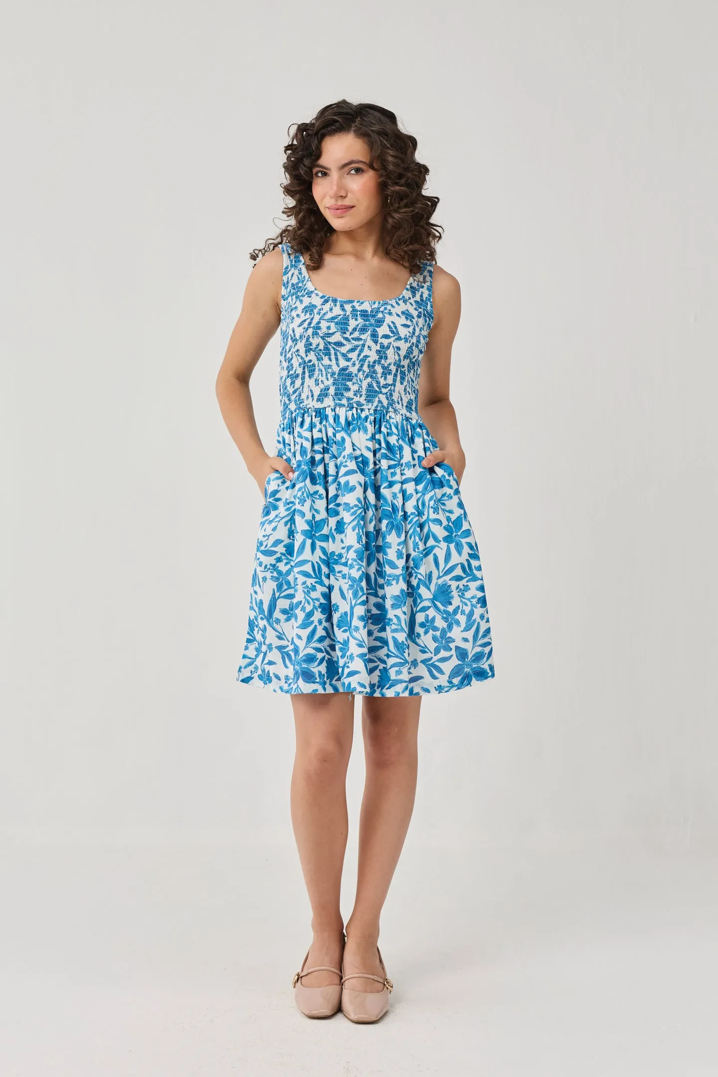 Smocked Short Dress in Blue Florals sold by Reistor