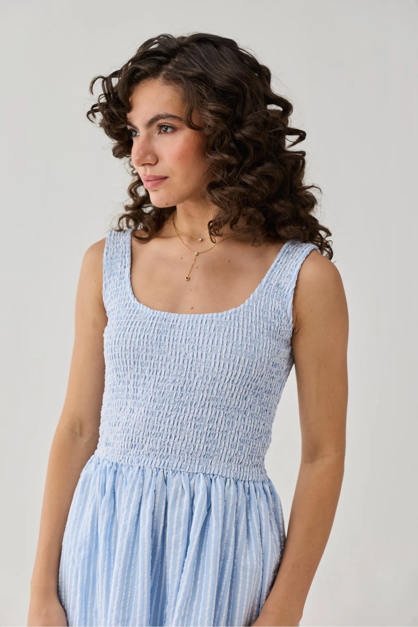 Smocked Short Dress in Blue Stripes sold by Reistor product image thumbnail 3