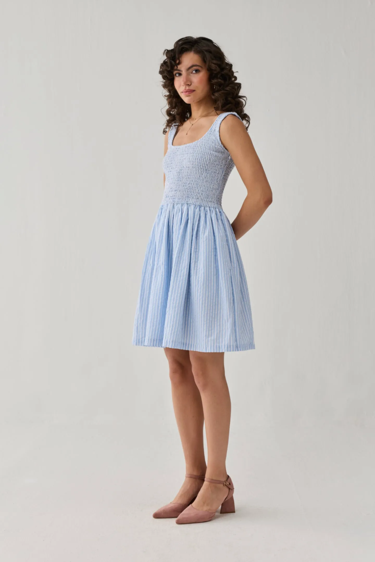 Smocked Short Dress in Blue Stripes sold by Reistor product image thumbnail 5