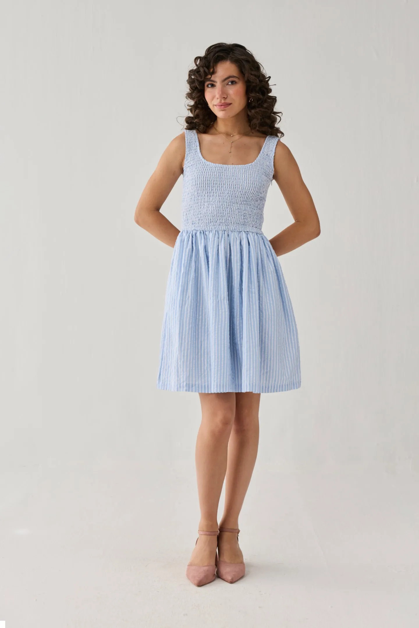 Smocked Short Dress in Blue Stripes sold by Reistor