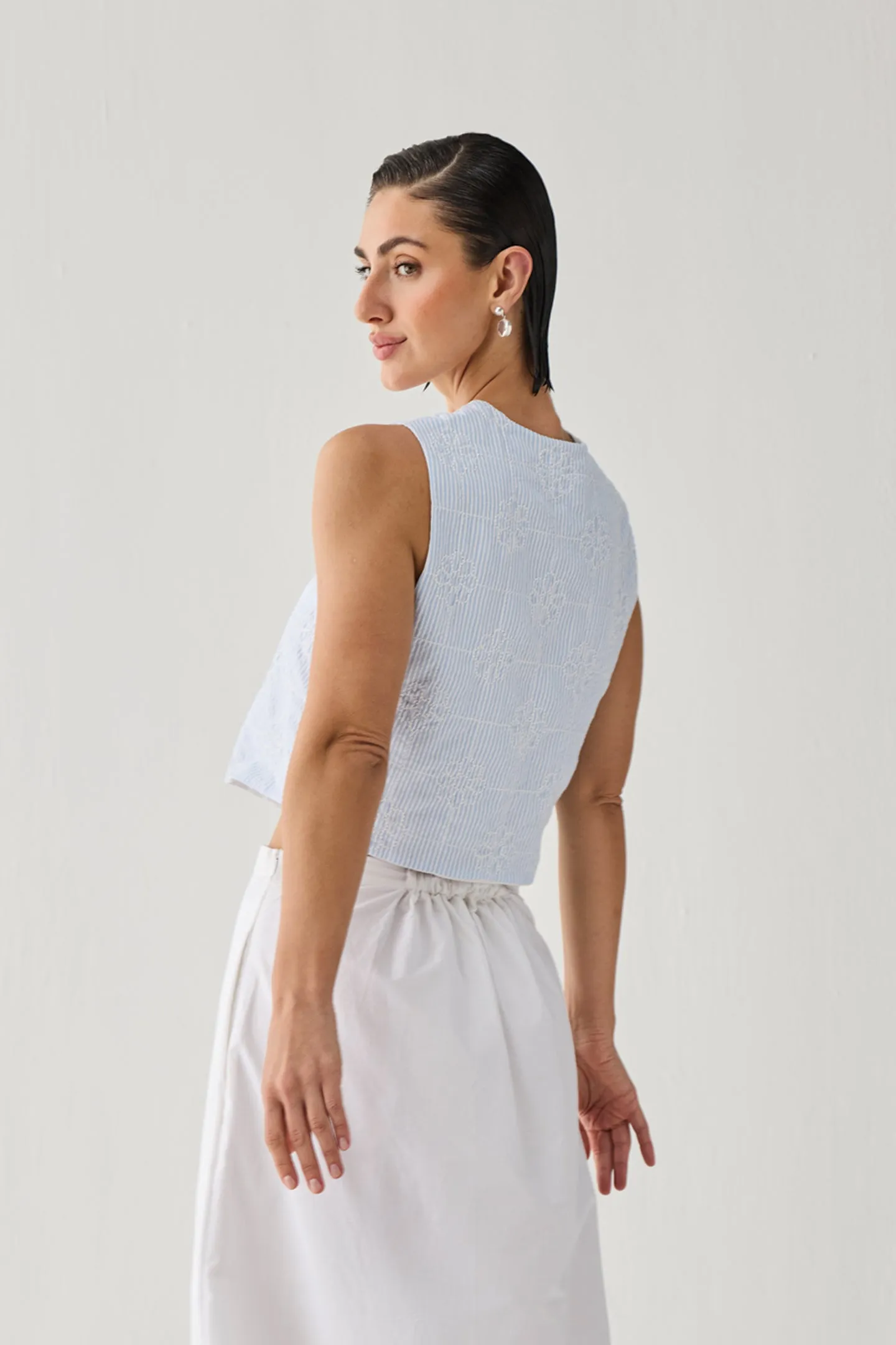 Embroidered Sleeveless Vest Top in Blue Stripe sold by Reistor product image thumbnail 2