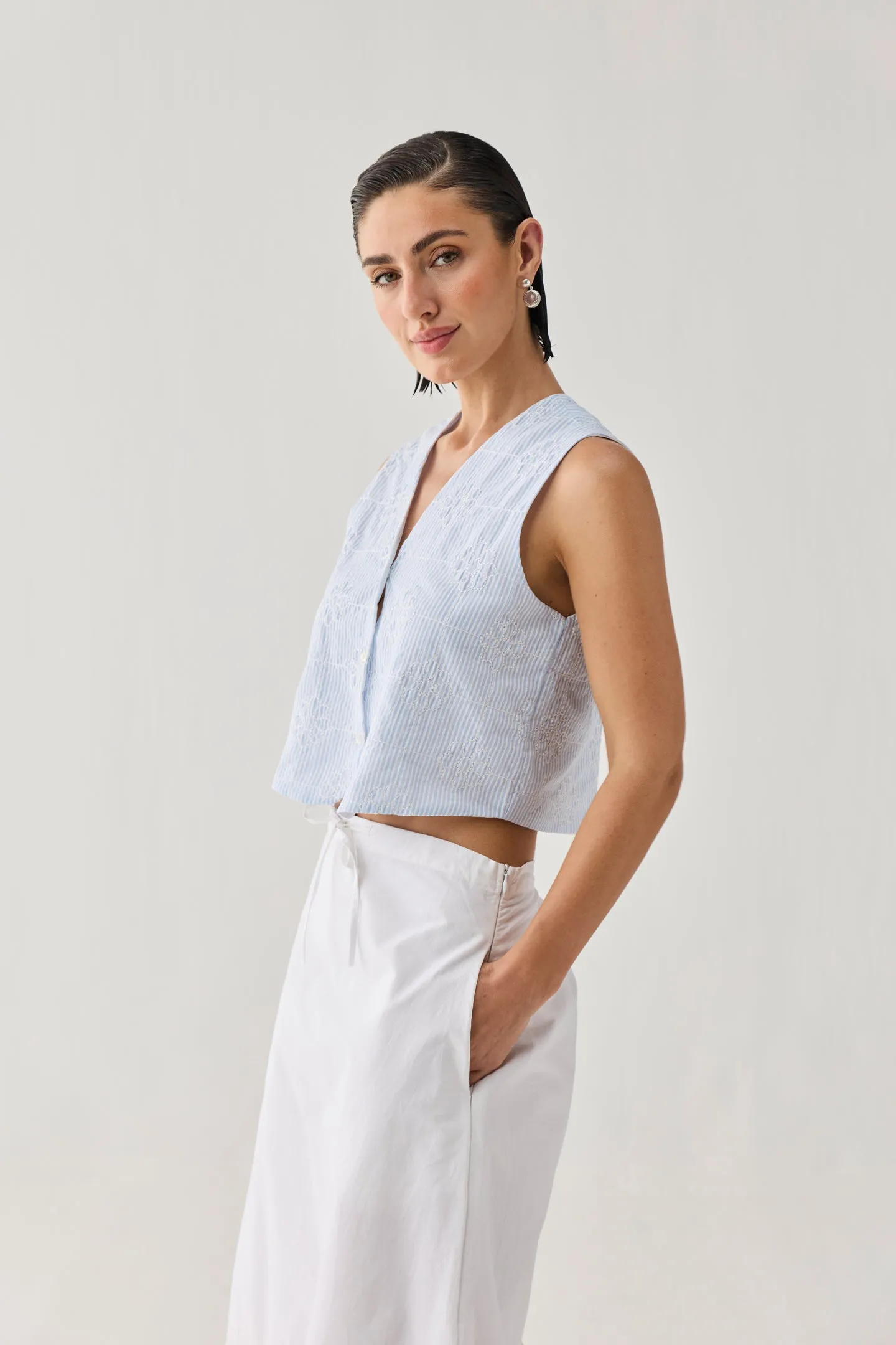 Embroidered Sleeveless Vest Top in Blue Stripe sold by Reistor product image thumbnail 3