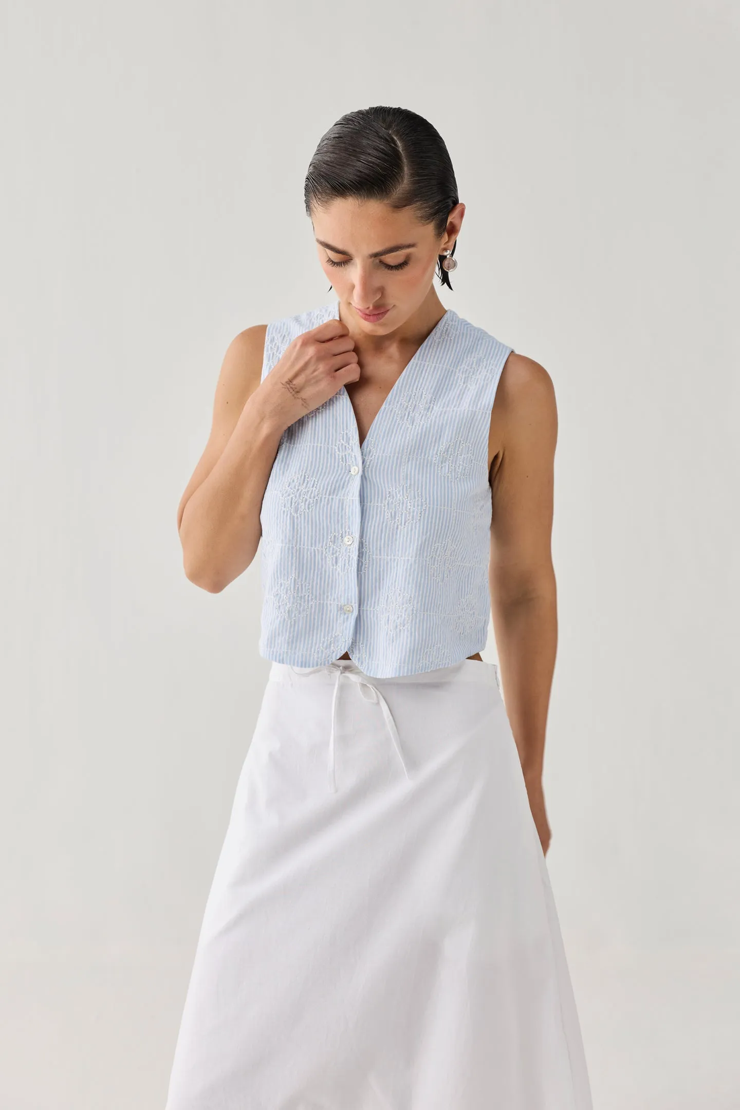 Embroidered Sleeveless Vest Top in Blue Stripe sold by Reistor product image thumbnail 4