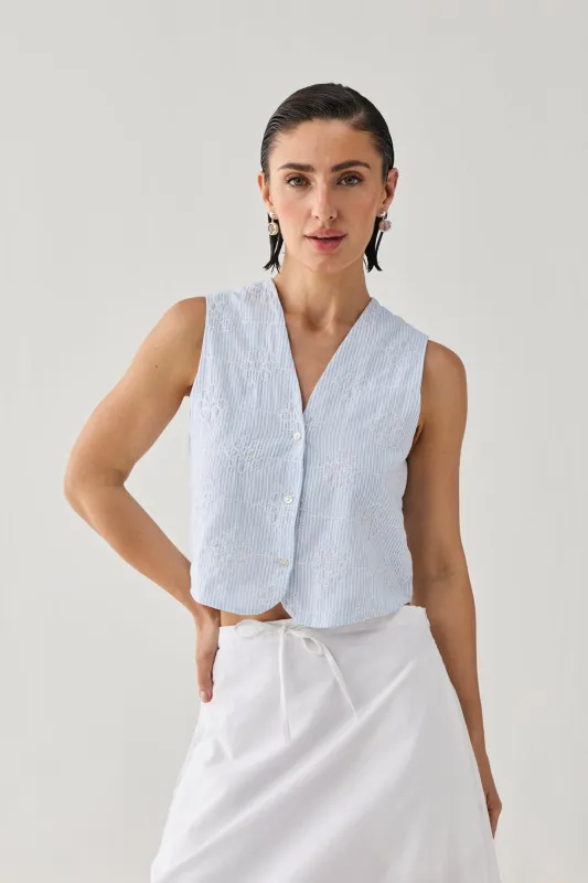 Embroidered Sleeveless Vest Top in Blue Stripe made by Reistor