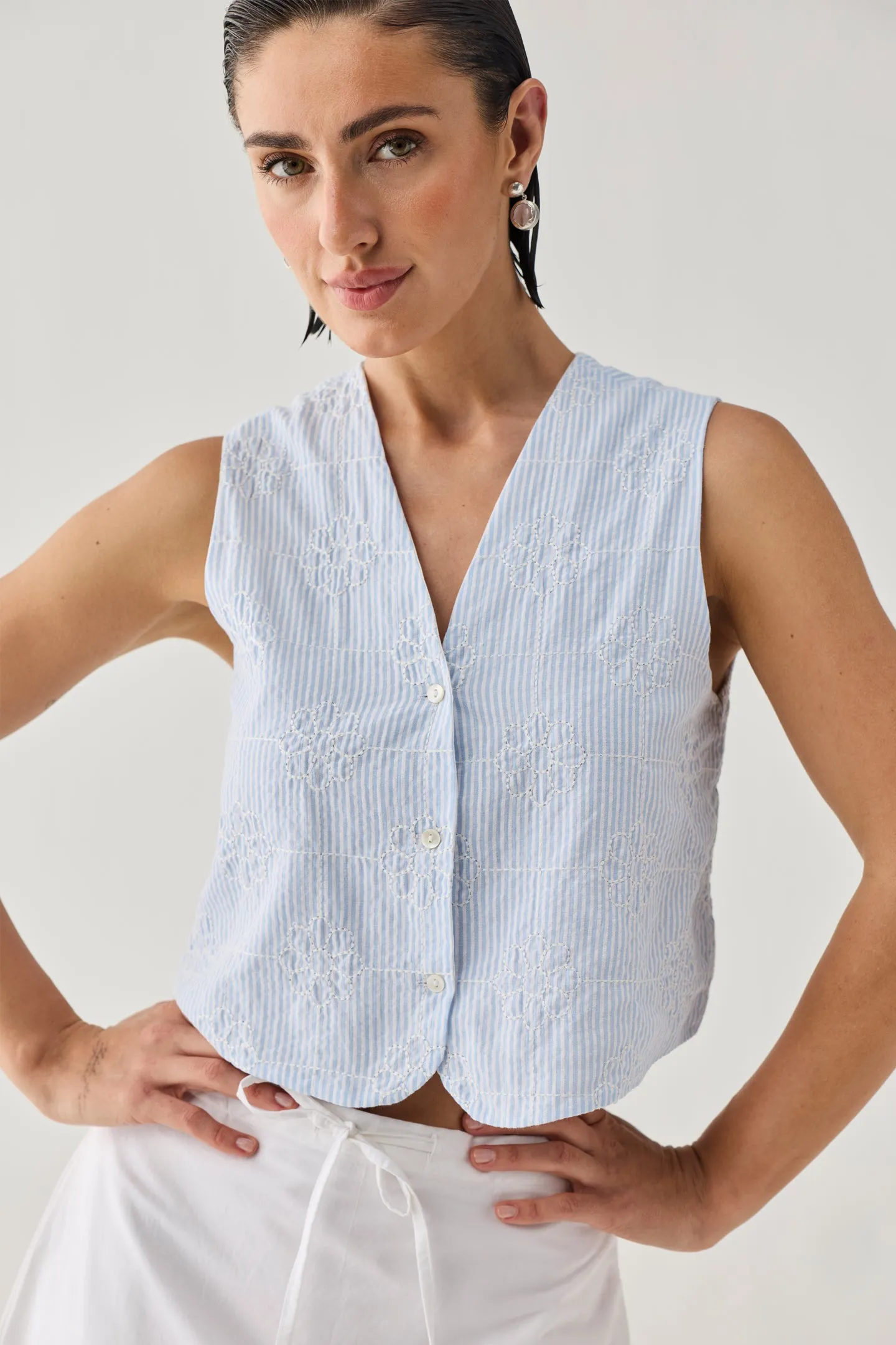 Embroidered Sleeveless Vest Top in Blue Stripe sold by Reistor product image thumbnail 5