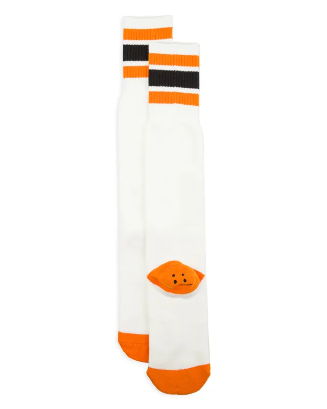 144 Yarns HAPPY HEEL Embroidered SKATERS Knee-High Socks - White x Orange made by Kapital