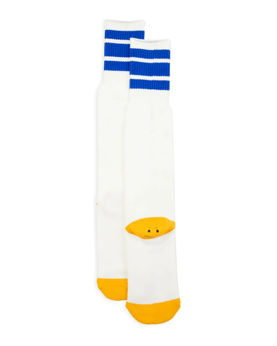 144 Yarns HAPPY HEEL Embroidered SKATERS Knee-High Socks - White x Blue sold by Standard and Strange