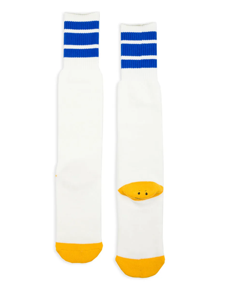 144 Yarns HAPPY HEEL Embroidered SKATERS Knee-High Socks - White x Blue sold by Standard and Strange product image thumbnail 2