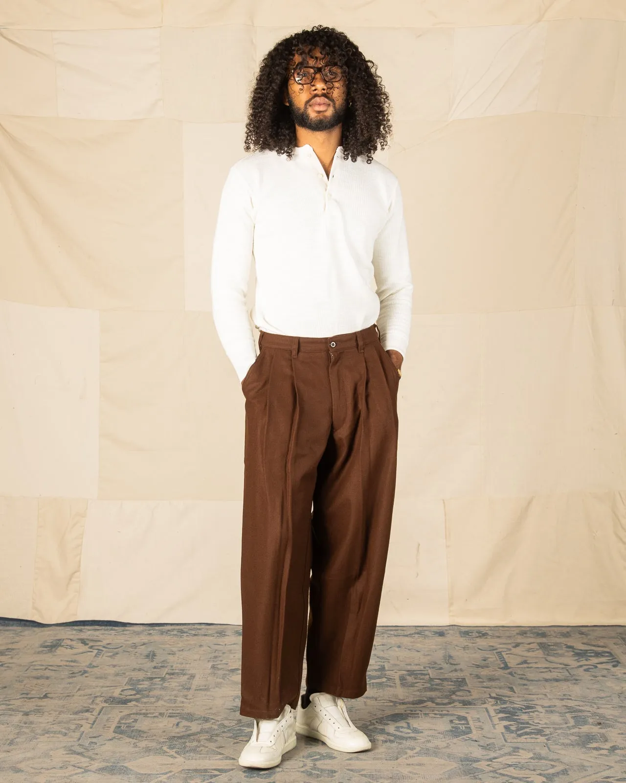 Double Pleat Easy Trouser - Solid Brown Wool Flannel sold by Standard and Strange product image thumbnail 3