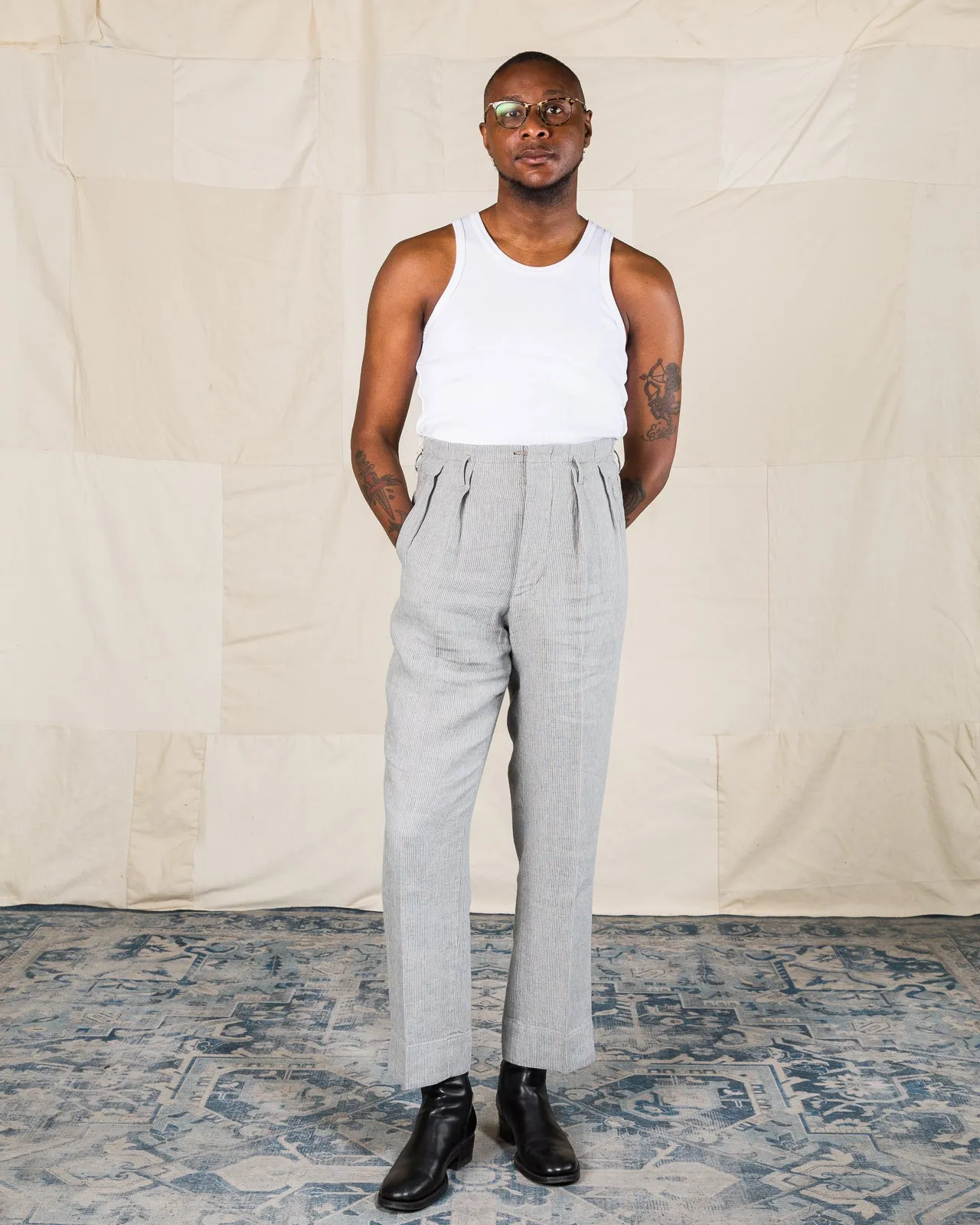 English Trousers - Light Grey Stripe High Twist Linen sold by Standard and Strange product image thumbnail 3