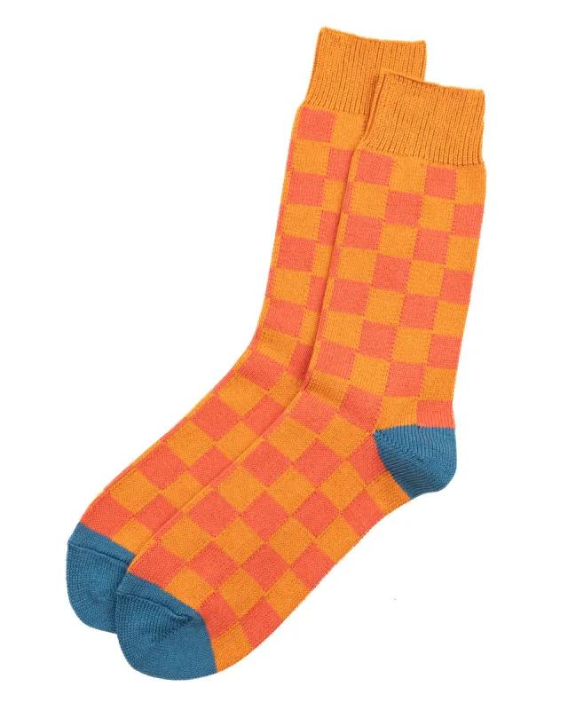 Checkerboard Crew Socks - Light Orange/Terracotta/Blue sold by Standard and Strange