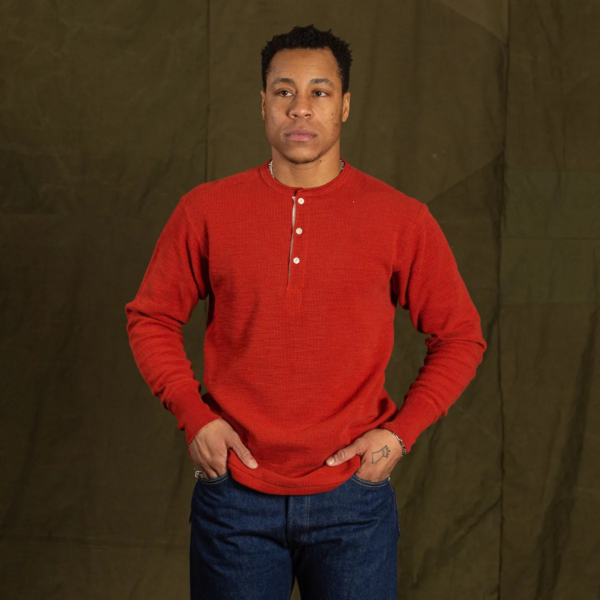 Western Cardigan Stitch Henley Shirt - Brick Red sold by Standard and Strange product image thumbnail 4