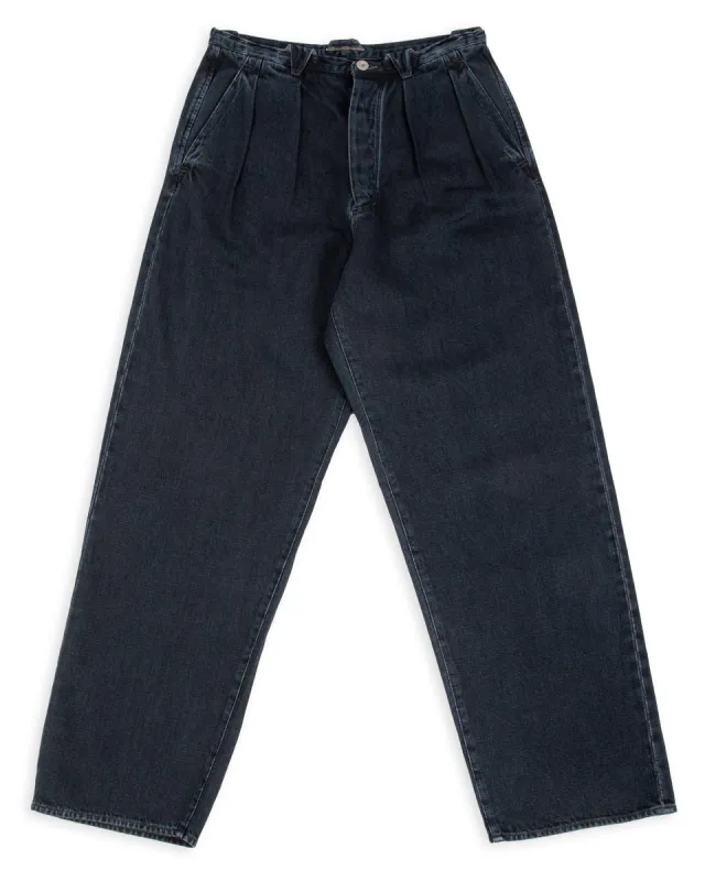 Pleat Denim Trousers - Char Navy Overdyed Linen Denim made by Standard and Strange