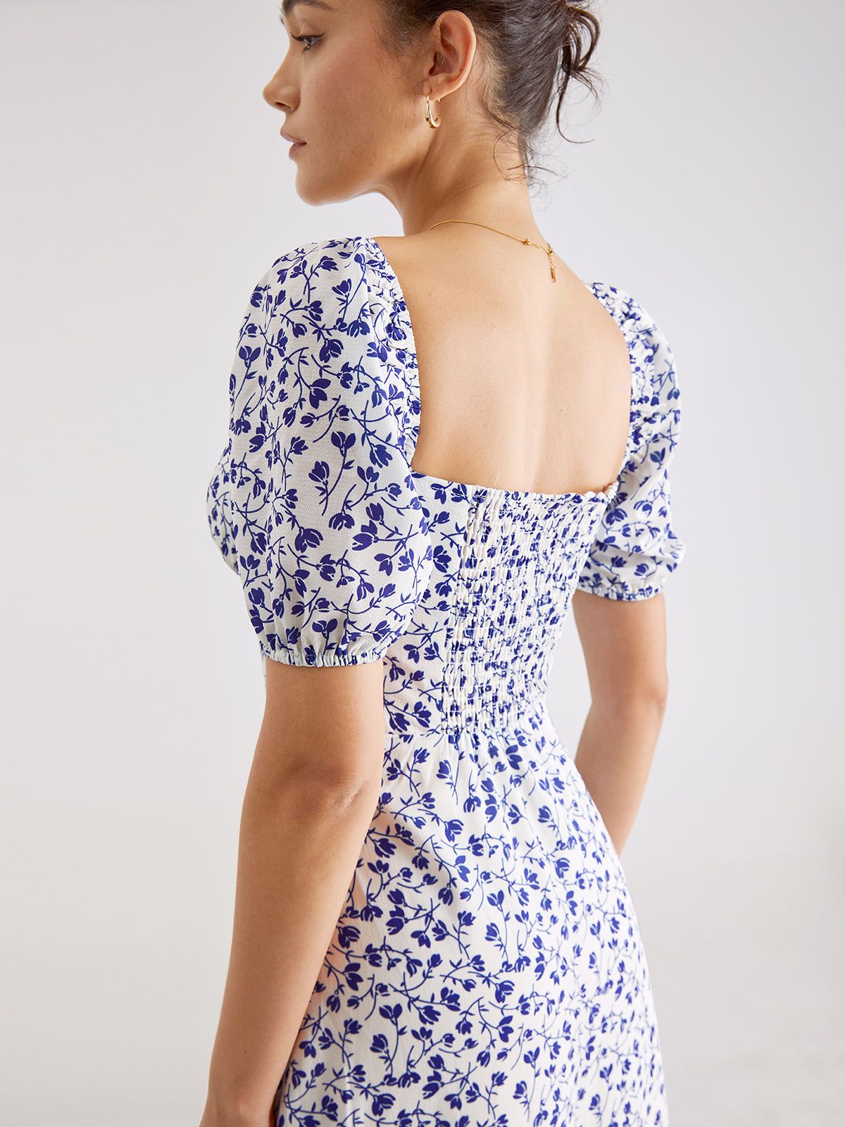 Short Puff Sleeve Lilac Floral Midi Ruffle Dress sold by COMMENSE product image thumbnail 5