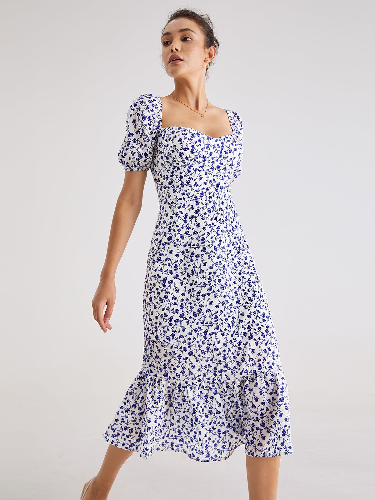 Short Puff Sleeve Lilac Floral Midi Ruffle Dress sold by COMMENSE product image thumbnail 2