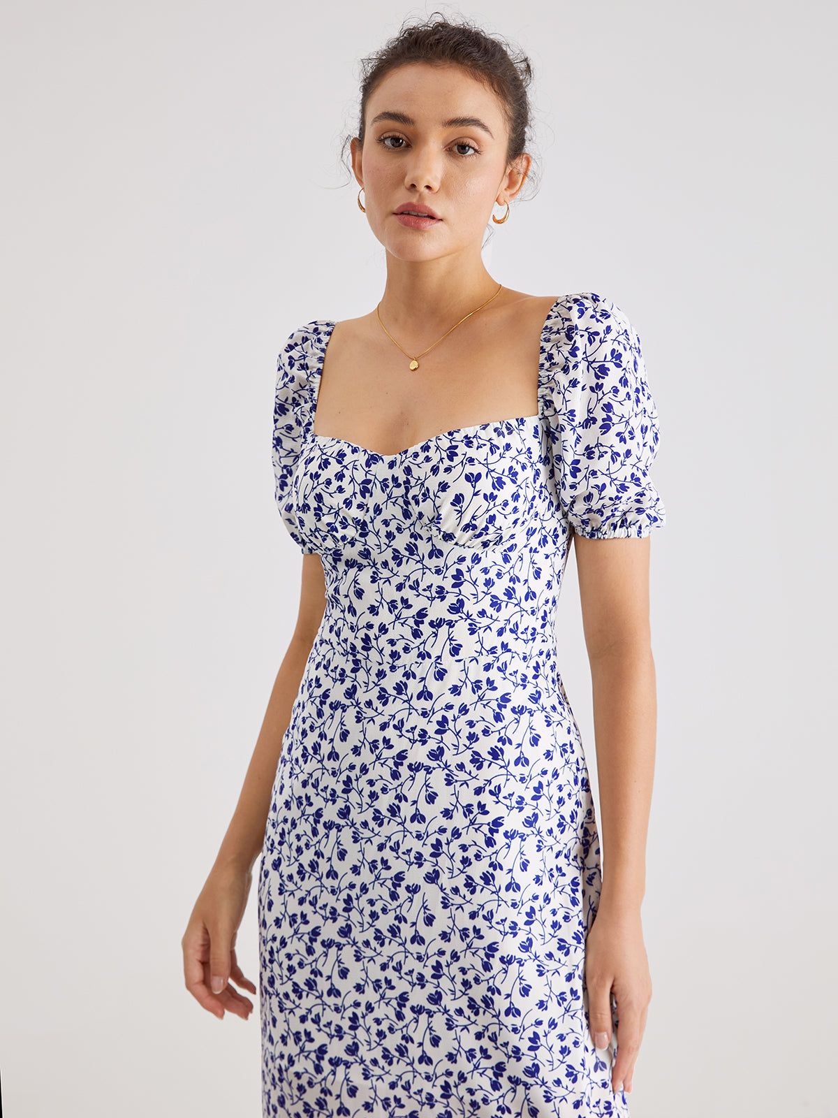 Short Puff Sleeve Lilac Floral Midi Ruffle Dress sold by COMMENSE product image thumbnail 3